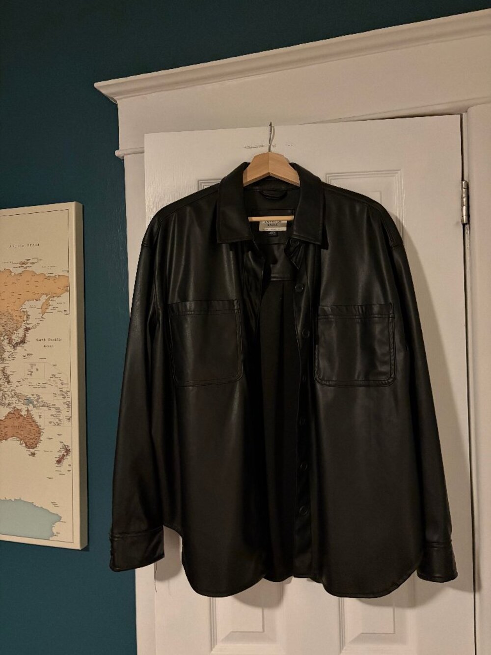 American Eagle Black Faux Leather Oversized Shirt Jacket Vegan Leather Shacket M